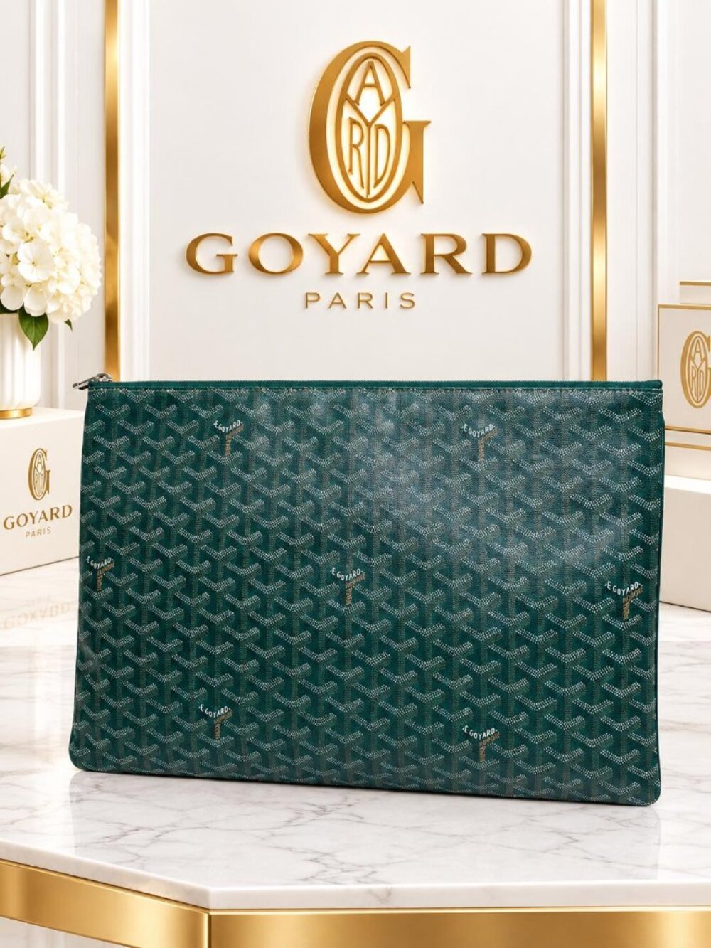 Authentic Goyard Senat GM Green Goyardine Zip Pouch Clutch Document Bag Luxury
